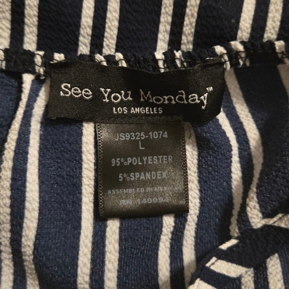 See You Monday Navy & White Striped Wide-Leg Jumpsuit – Size Large - Picture 5 of 5